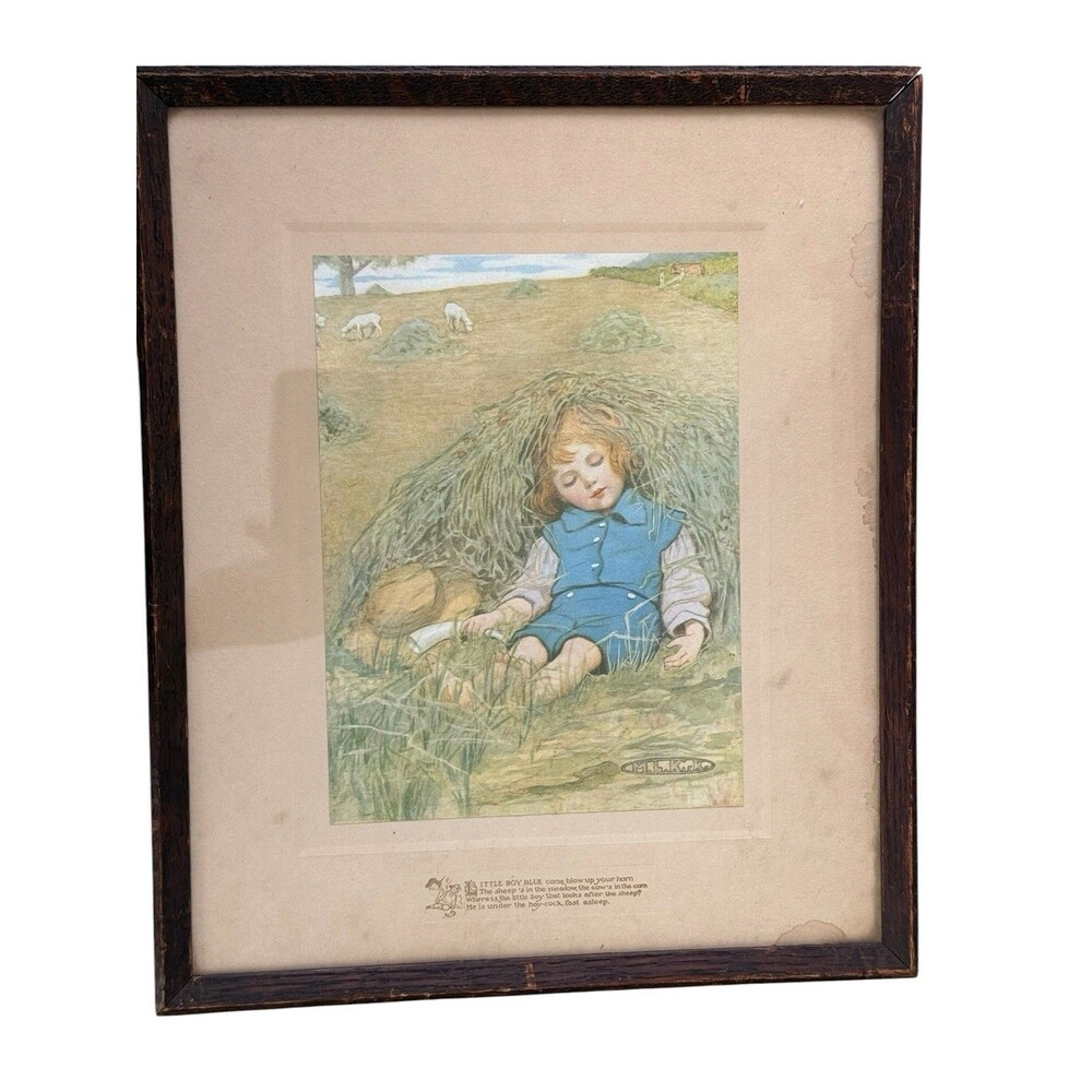 Vintage Framed Little Boy Blue Storybook Print Nursery Rhyme Fairy Tale ML Kirk